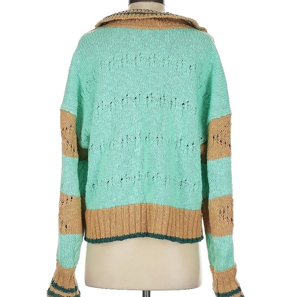 Free People Striped Oversized Knit Sweater Preppy Varsity Look in Teal and Tan - Picture 7 of 8